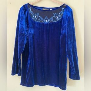 Bob Mackie Blue Velour Top With Mesh Embroidery M